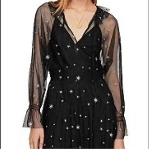 Maje Restar Embroidered Gold Stars Tulle Sheer Unlined Midi Dress sz 1/ Small